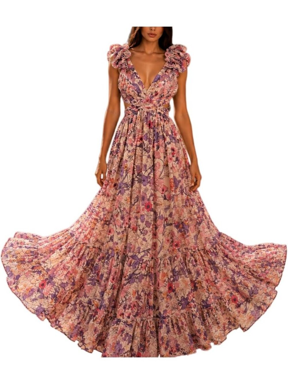 Floral Print Sleeveless V Neck Maxi Dress - Boho Beach Party Chiffon Gown